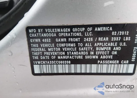 2012 Volkswagen Passat 2.0L Tdi Sel Premium z USA, uszkodzony, nr VIN 1VWCN7A33CC060208